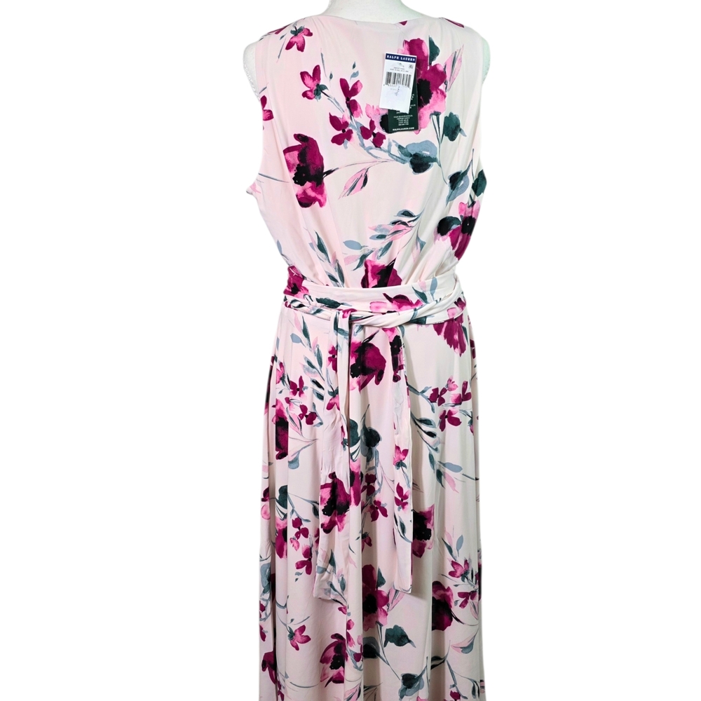 Lauren Ralph Lauren Floral Wrap Maxi Dress Size 16 NWT Pink Sleeveless Belted - Picture 3 of 7
